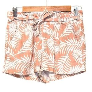 Hope & Harlow Coral Tropical Palm Print Shorts Linen Blend Pull-on w/ pockets